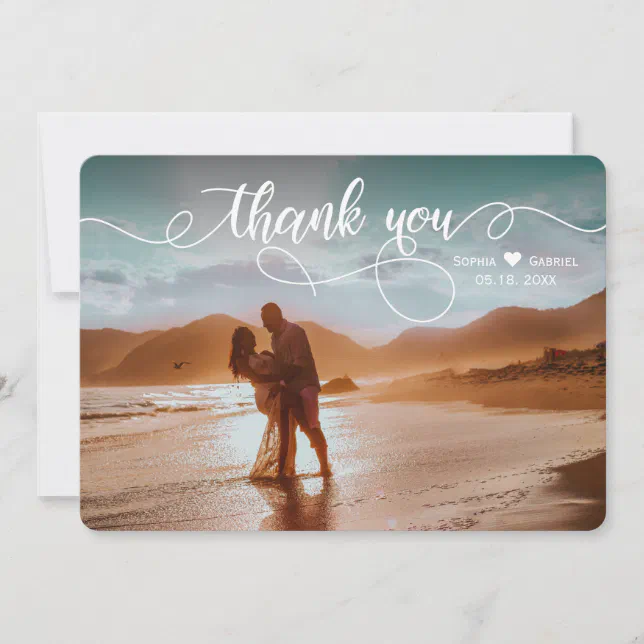 Modern Elegant Calligraphy Wedding Photo Thank You Card | Zazzle