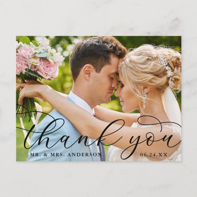 Modern Elegant Calligraphy Wedding Photo Thank You Postcard (Front)