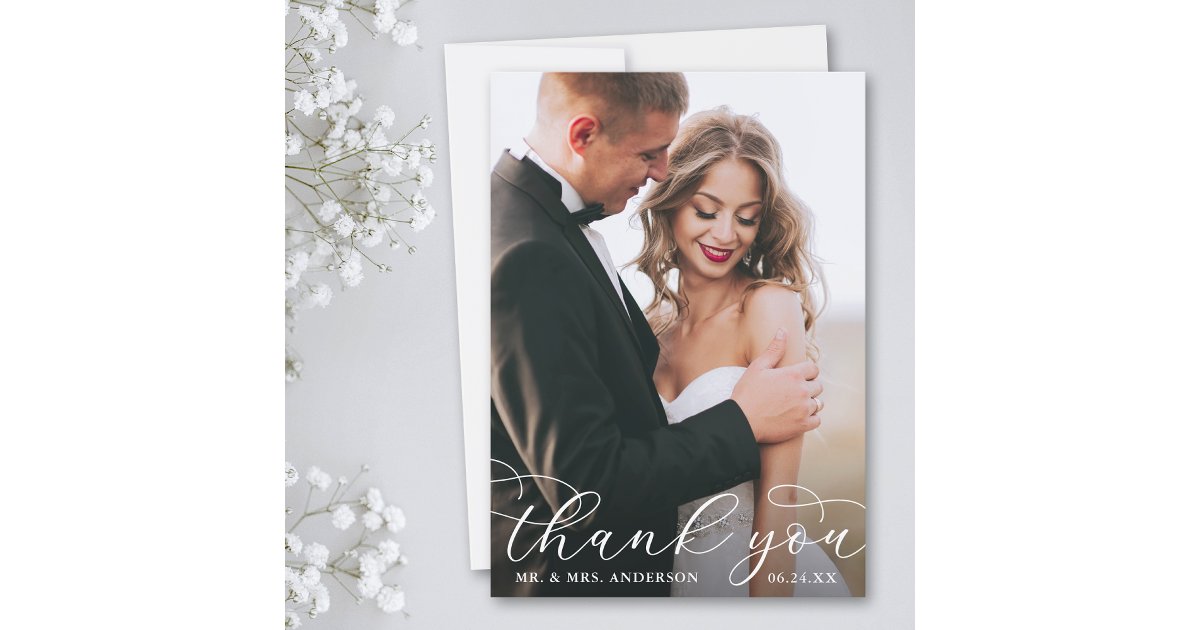Modern Elegant Calligraphy Wedding Photo W Thank You Card | Zazzle