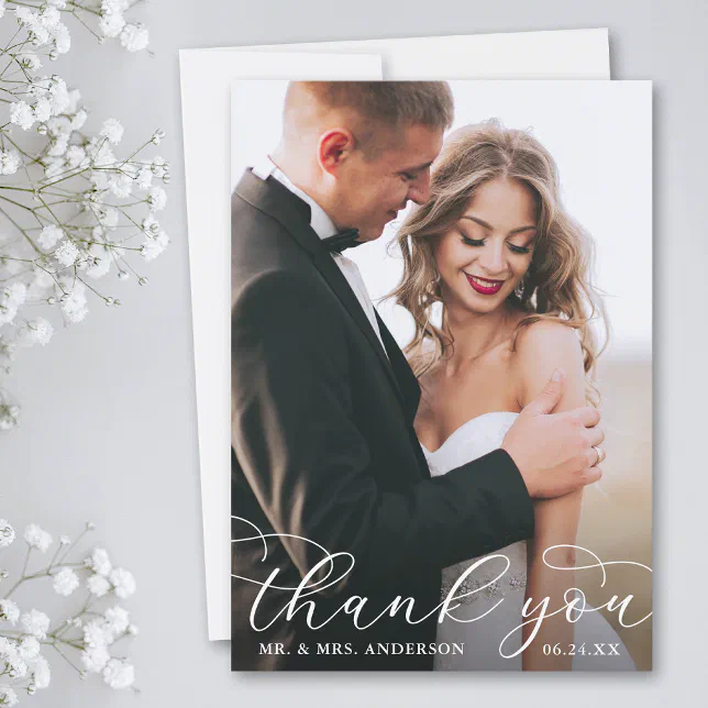 Modern Elegant Calligraphy Wedding Photo W Thank You Card | Zazzle