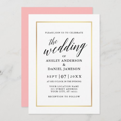 Modern Elegant Calligraphy Wedding Pink Gold Invitation