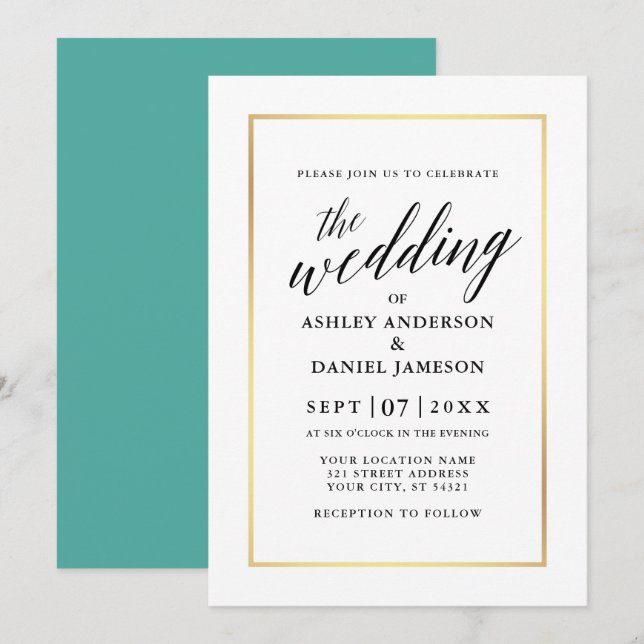 Modern Elegant Calligraphy Wedding Teal Gold Invitation (Front/Back)