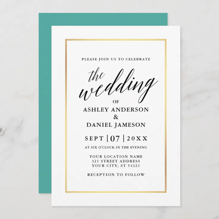 Modern Elegant Calligraphy Wedding Teal Gold Invitation | Zazzle