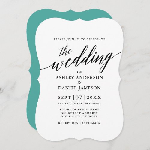 Modern Elegant Calligraphy Wedding Teal Invitation