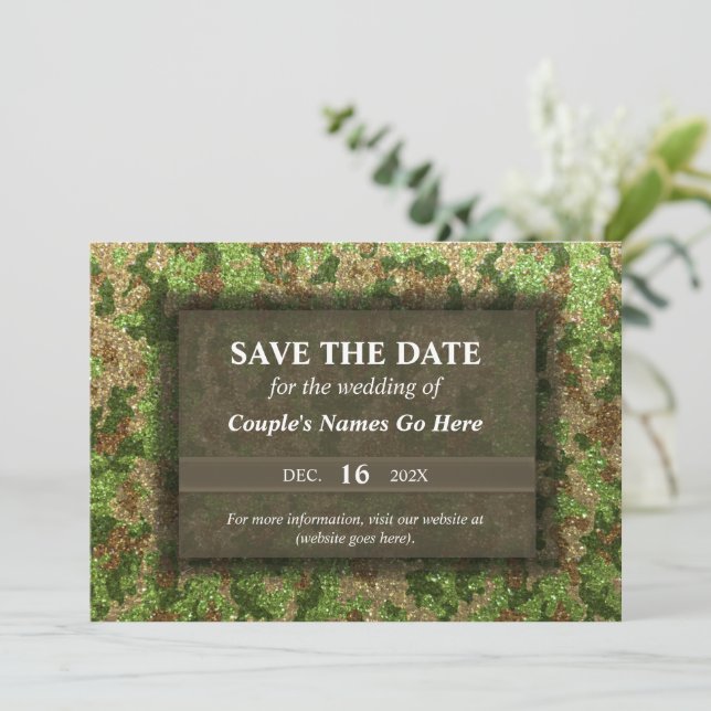 Modern Elegant Camouflage Glitter Army Engagement Save The Date (Standing Front)