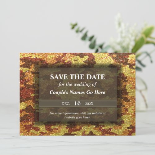 Modern Elegant Camouflage Glitter Fall Engagement Save The Date
