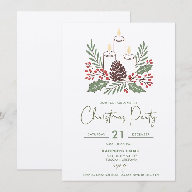 Modern Elegant Candles and Foliage Christmas Party Invitation (Front/Back)