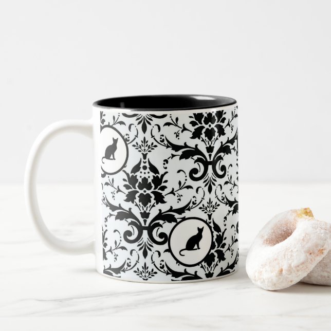 Modern Elegant Cat Damask Pattern Two-Tone Coffee Mug (With Donut)