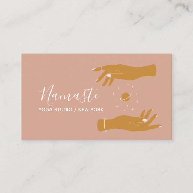 Modern Elegant Celestial Hands Yoga  Business Card (Front)