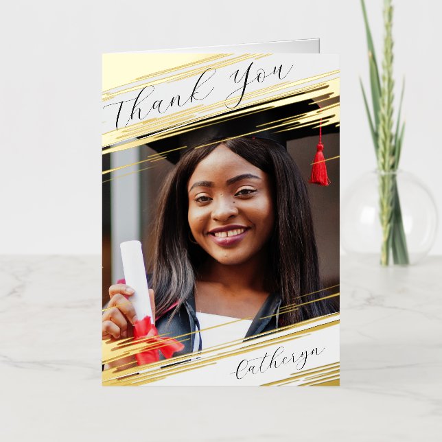 Modern Elegant Chic Add Photo Graduation Thank You Foil Holiday Card (Front)