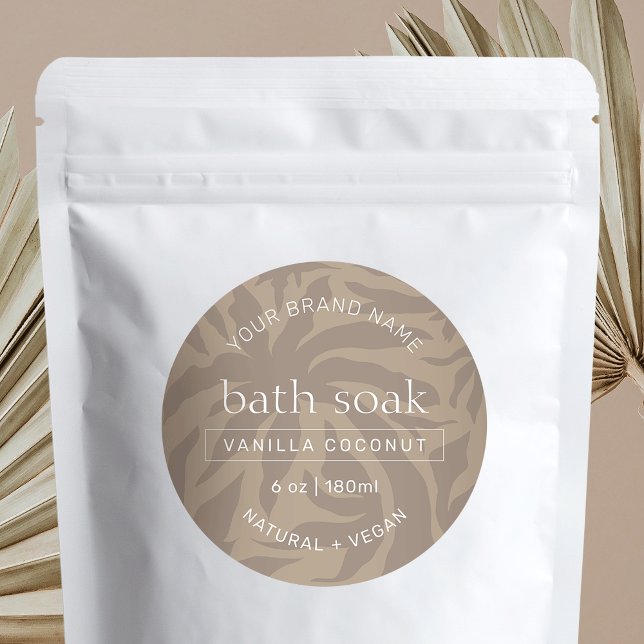 Modern Elegant Chic Bath & Body Product Waterproof Labels (Elegant round waterproof product stickers with pastel beige background)