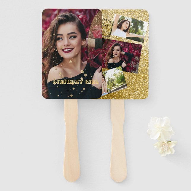 Modern elegant chic black and gold sweet 16 hand f hand fan (Front and Back)