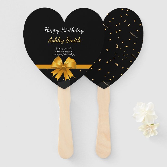 Modern elegant chic black and gold sweet 16 hand f hand fan (Front and Back)