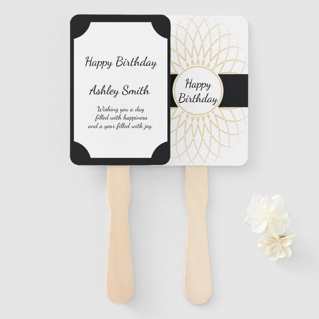Modern elegant chic black and gold sweet 16 hand fan (Front and Back)