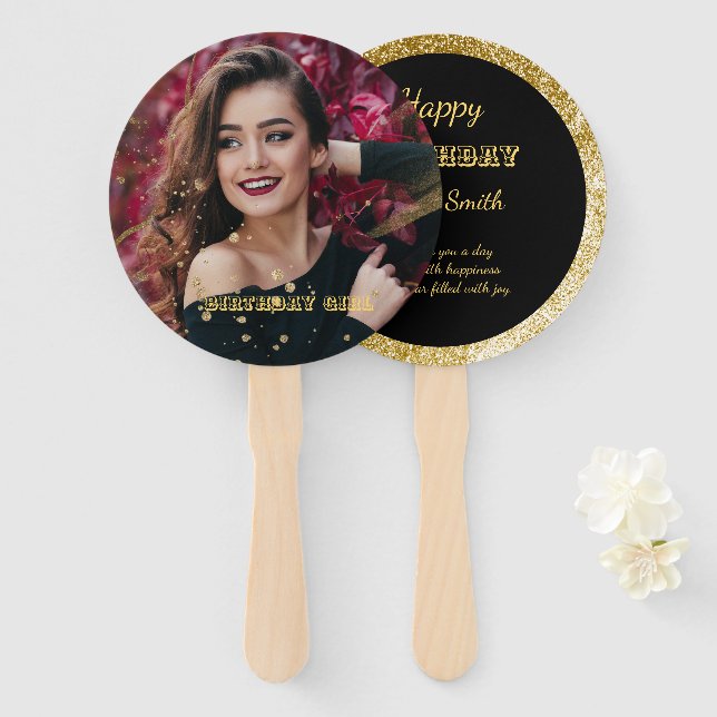 Modern elegant chic black and gold sweet 16 hand fan (Front and Back)