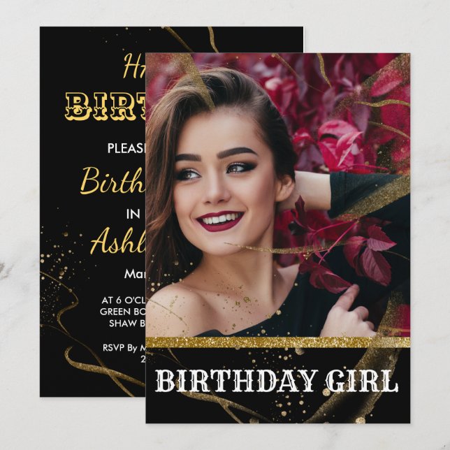 Modern elegant chic black and gold sweet 16 invitation (Front/Back)