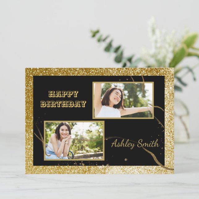 Modern elegant chic black and gold sweet 16 invitation (Standing Front)