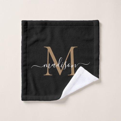 Modern Elegant Chic Black Gold Monogram Script Wash Cloth