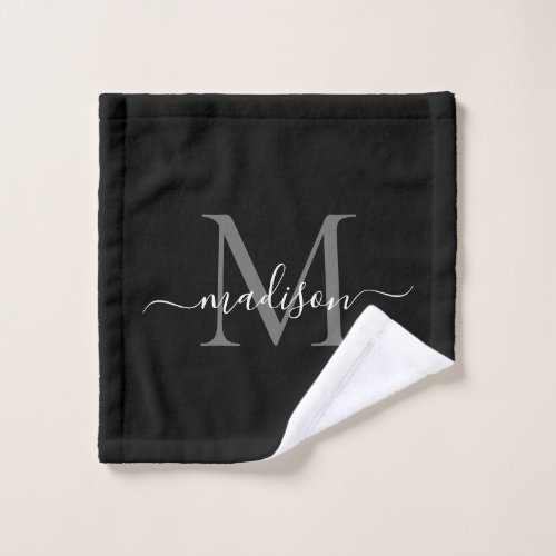 Modern Elegant Chic Black Gray Monogram Script Wash Cloth