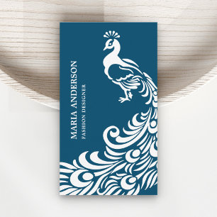 Modern Elegant Chic Blue and White Peacock Business Card