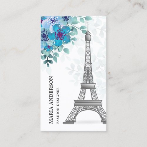 Modern Elegant Chic Blue Floral Paris Eiffel Tower Business Card