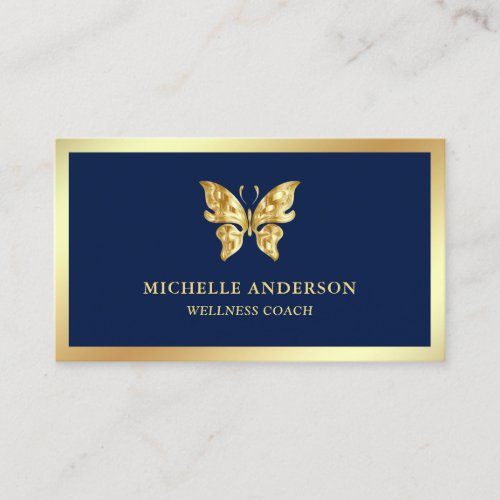 Modern Elegant Chic Blue Gold Foil Butterfly Business Card
