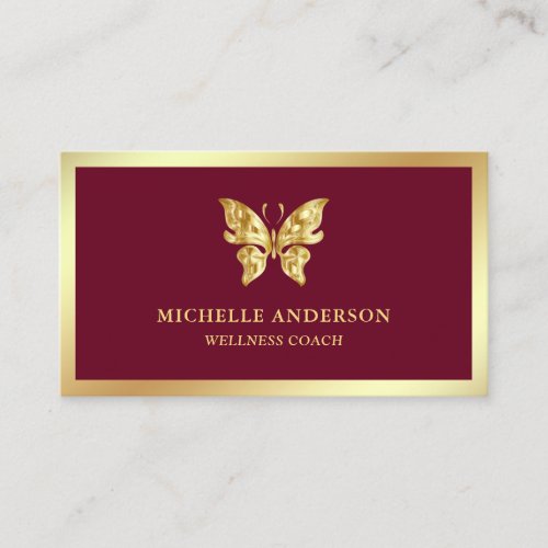 Modern Elegant Chic Burgundy Gold Foil Butterfly Business Card