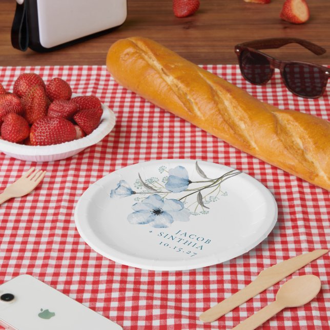 Modern Elegant Chic Dusty Blue Wedding Paper Plates (Picnic)