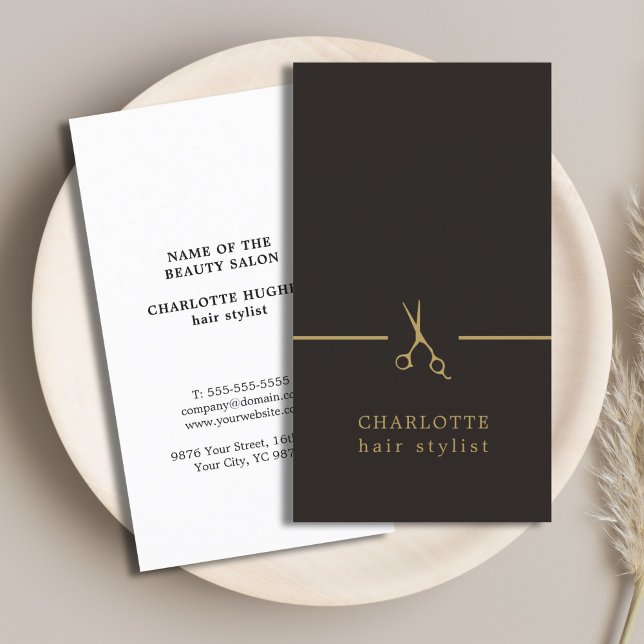 Modern Elegant Chic Faux Gold Black Hair Stylist Business Card (Creator Uploaded)