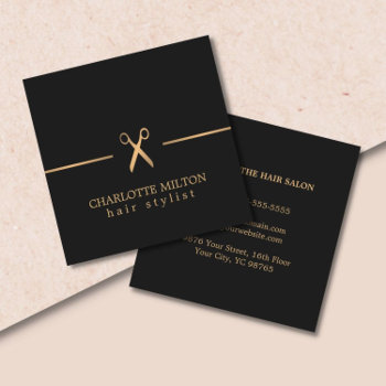 Modern Elegant Chic Faux Gold Black Hair Stylist Square Business Card by pro_business_card at Zazzle