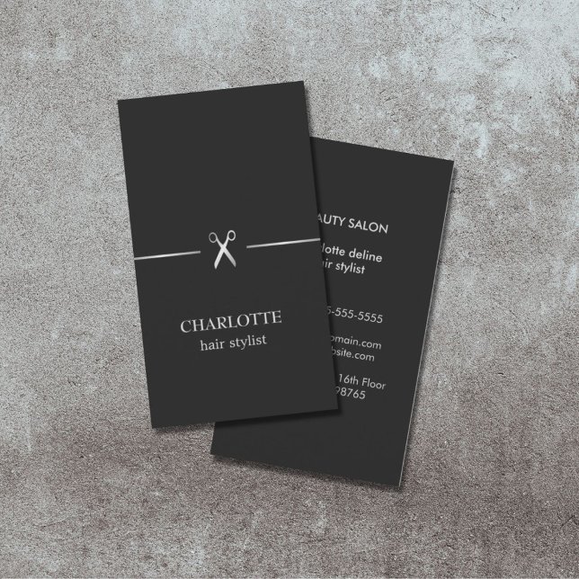 Modern Elegant Chic Faux Silver Black Hair Stylist Business Card (Creator Uploaded)