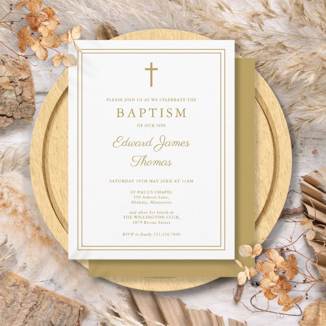 Modern Elegant Chic Gold Border Baptism Invitation Postcard (Modern Elegant Chic Gold Border Baptism Invitation Postcard)