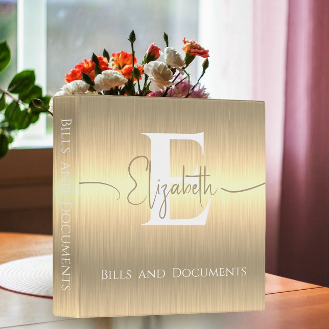 Modern Elegant Chic Gold Brushed Metal Monogrammed 3 Ring Binder (Creator Uploaded)