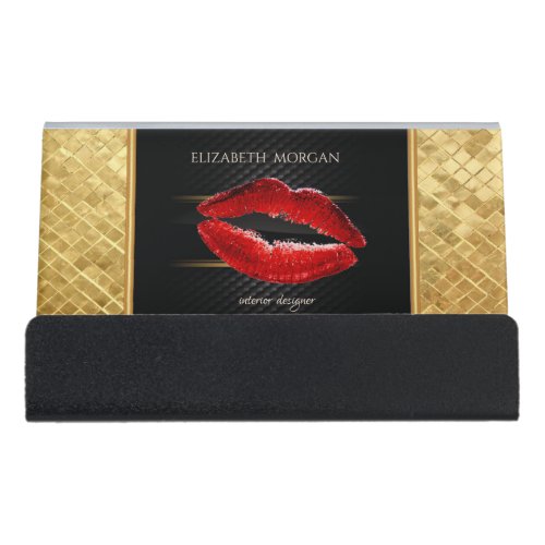 Modern Elegant Chic Gold Red Glitter Lips Desk Business Card Holder