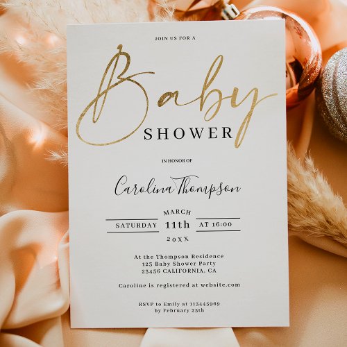 Modern elegant chic gold script font baby shower invitation