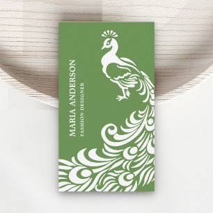 Modern Elegant Chic Green and White Peacock Business Card