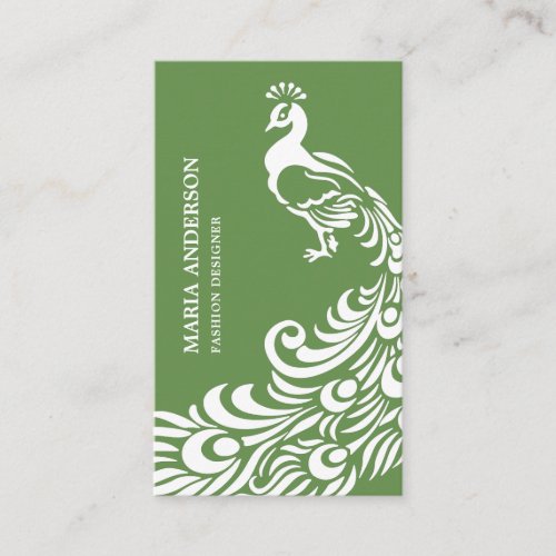 Modern Elegant Chic Green and White Peacock Business Card