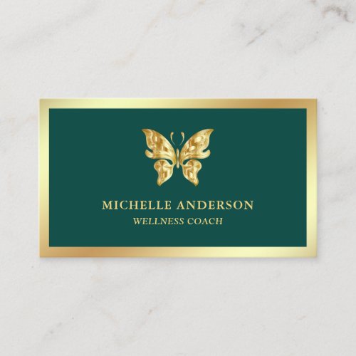Modern Elegant Chic Green Gold Foil Butterfly Business Card