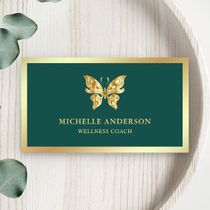Modern Elegant Chic Green Gold Foil Butterfly Business Card