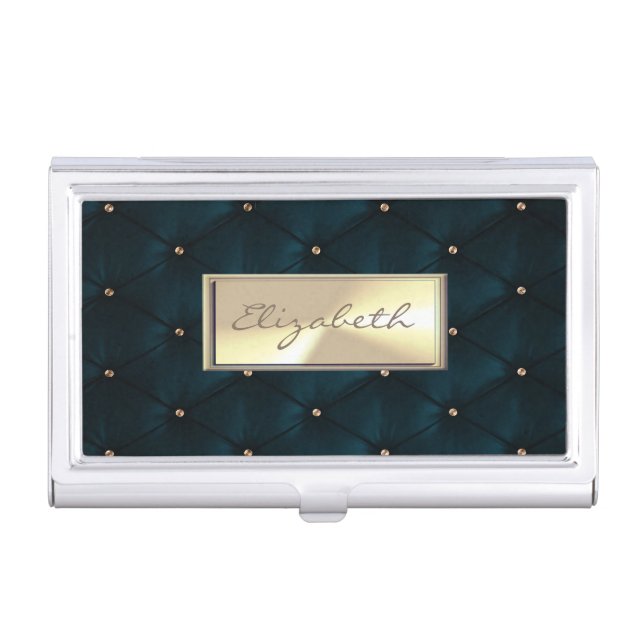 Modern Elegant Chic Leather Faux Gold Diamonds Business Card Case (Front)
