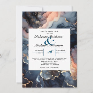 Modern Elegant Chic Navy Blue & Peach Marble Invitation