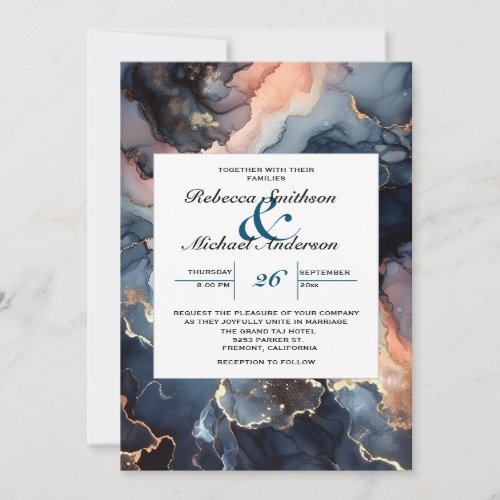 Modern Elegant Chic Navy Blue  Peach Marble Invitation