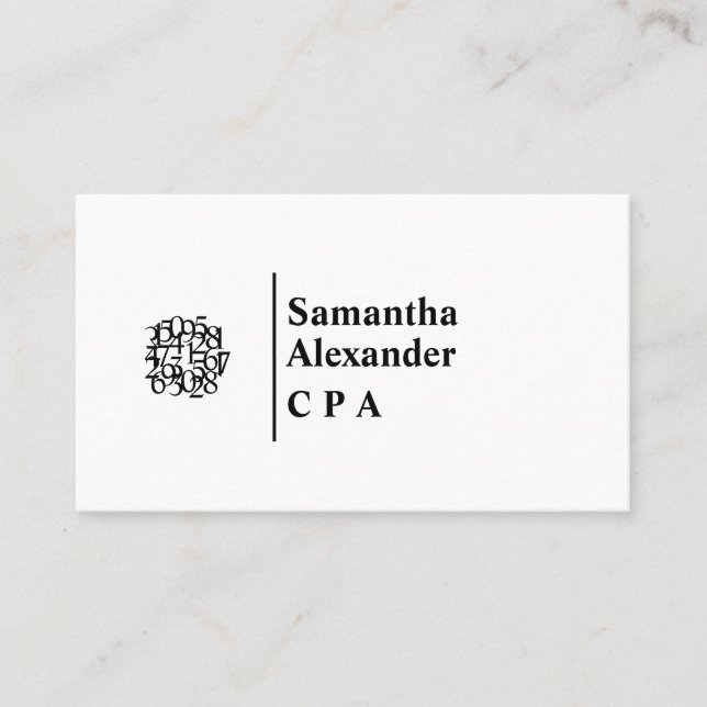 Modern Elegant Chic Numbers Logo Accountant Business Card (Front)