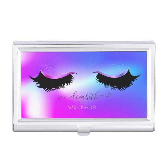 Modern Elegant Chic Ombre Holographic, Lashes Business Card Case (Front)