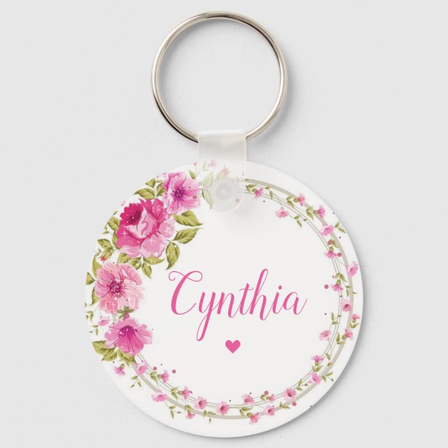 Modern Elegant Chic Pink Floral Girly Monogram Keychain (Front)