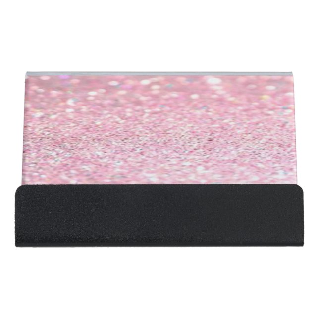 Modern Elegant Chic Pink  Glittery  Bokeh Desk Business Card Holder (Front)