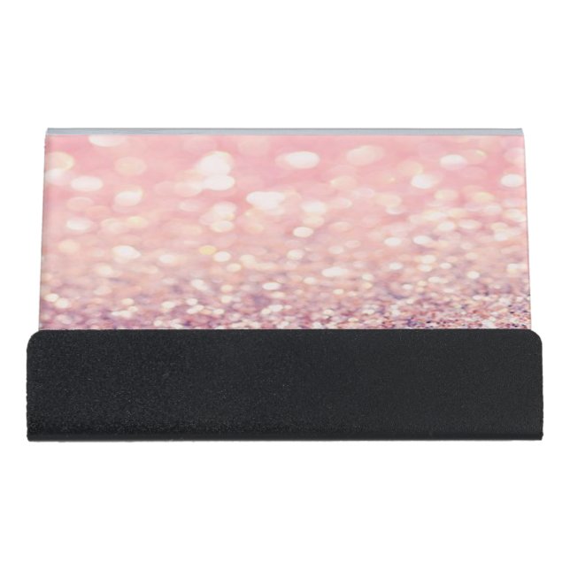 Modern Elegant Chic Pink  Glittery  Bokeh Desk Business Card Holder (Front)
