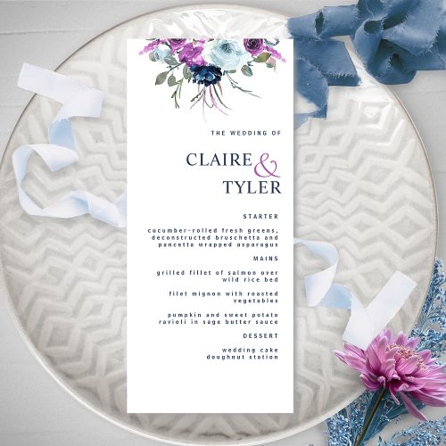 Modern Elegant Chic Purple and Blue Floral Wedding Menu