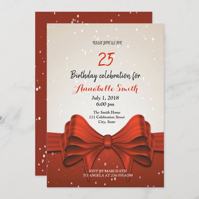Modern elegant chic red ribbon    birthday invitation (Front/Back)