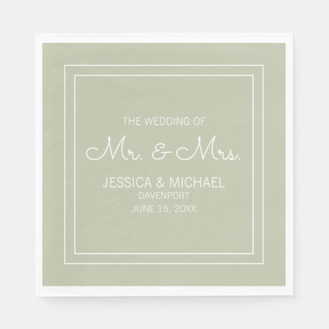 Modern Elegant Chic Sage Green White Wedding Napkins (Front)
